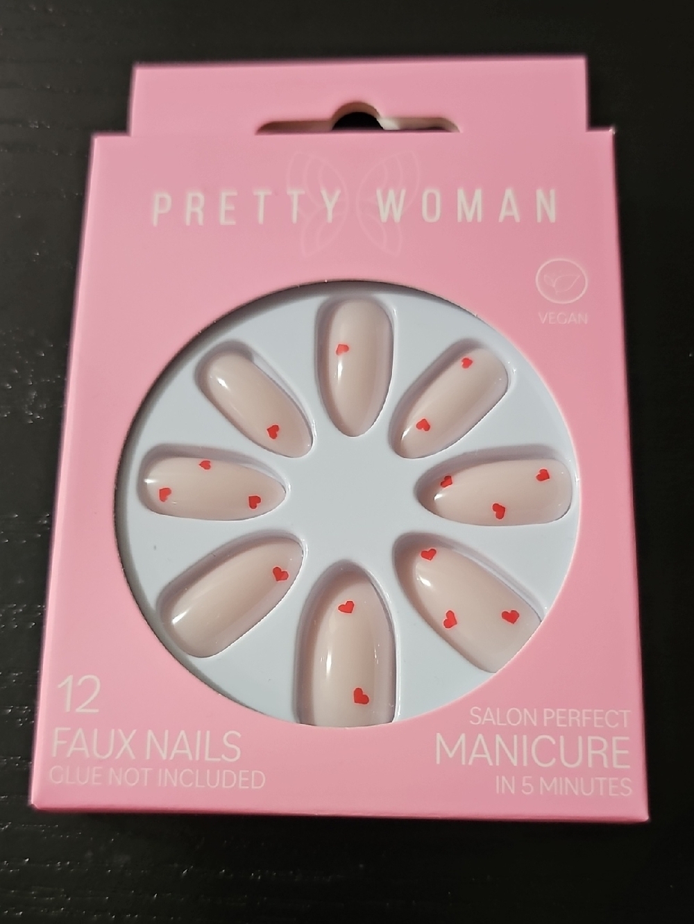 Nude Faux Nails with Red Heart Accents - 12 Pack